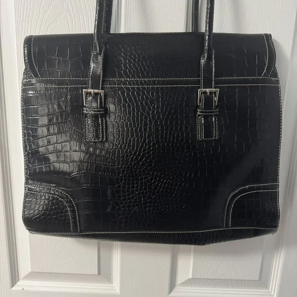 Liz Claiborne Tote Bag Womens Large Black Faux Croc Embossed Purse Satchel Work - Picture 4 of 10